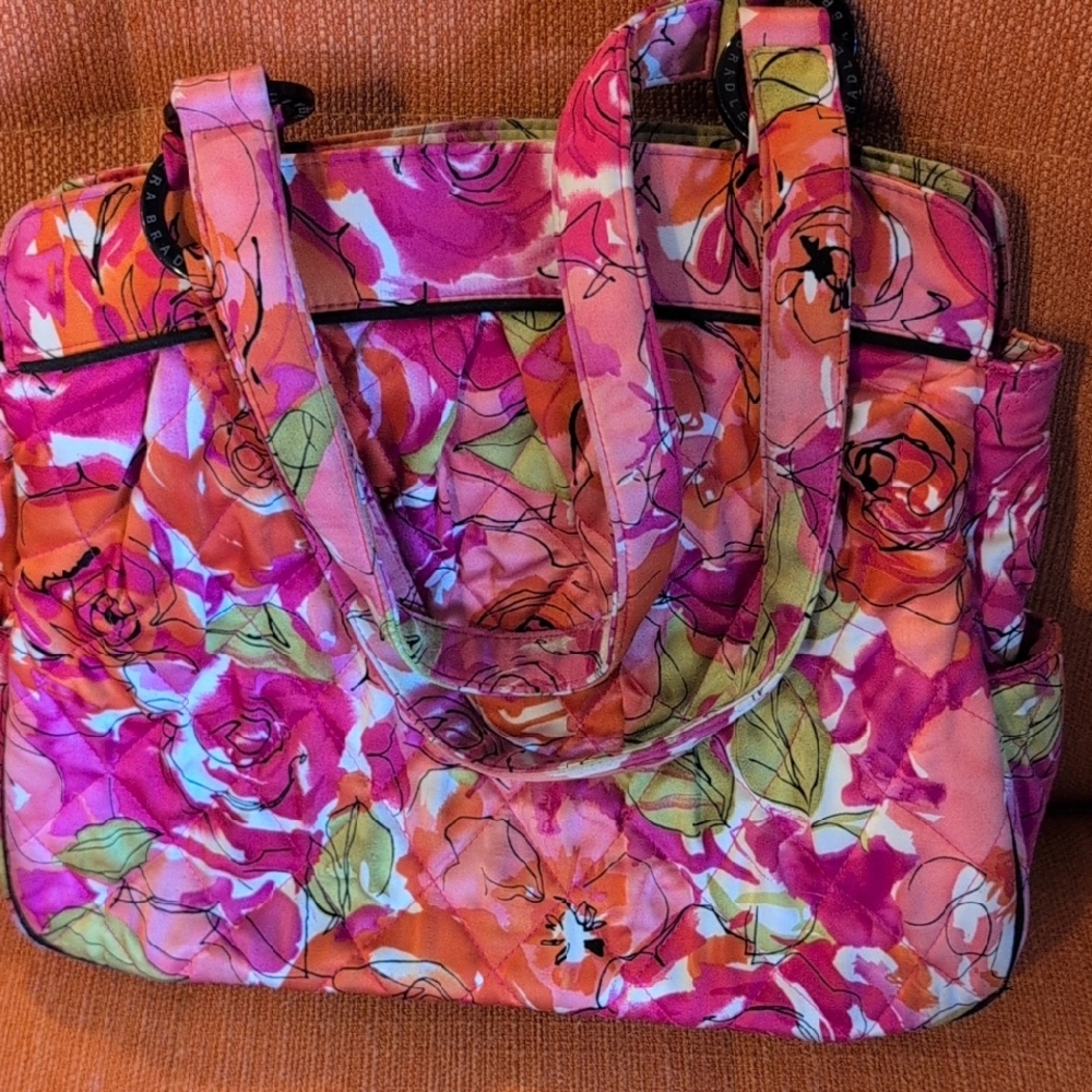 Vera Bradley Pink And Orange Floral Quilted Shoulder Bag.